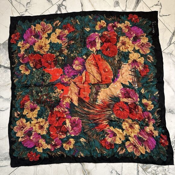 Vintage Accessories - Gerard L.Y Paris Women’s Scarf Shawl Black Floral Scenic Square